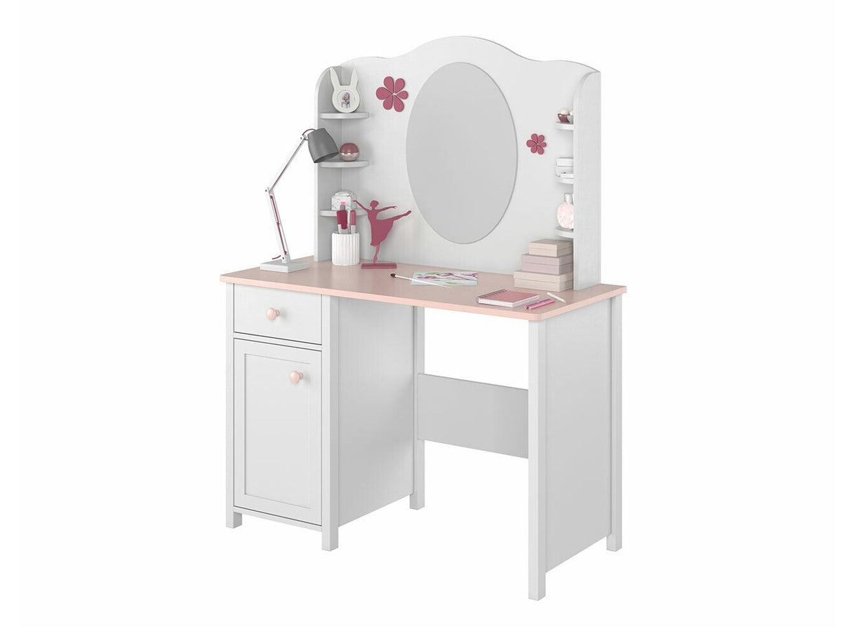 Fésülködő asztal Biurko LUNA LN-03 1D1S + Nadstawka LUNA LN-06 Biały / Róż + Biały Nadstawka LUNA 06 5902928146288