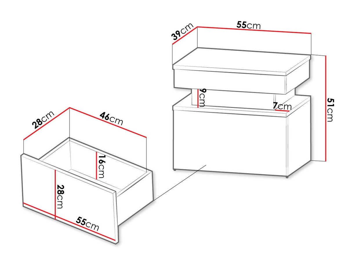 Éjjeliszekrény Stolik nemcny 1S GLOSSA +LED, Szín: Fekete + Fényes fekete
