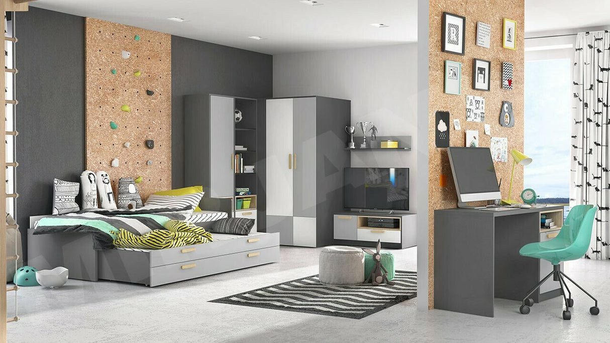 Ágy Łóżko POK PO-13 + PO-14 Grafit / Buk ibsen + Szary jasny + Biały 5902928555639