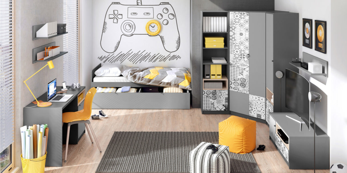 Ágy Łóżko POK PO-13 + PO-15 Grafit / Buk ibsen + Szary jasny + Biały 5902928555653