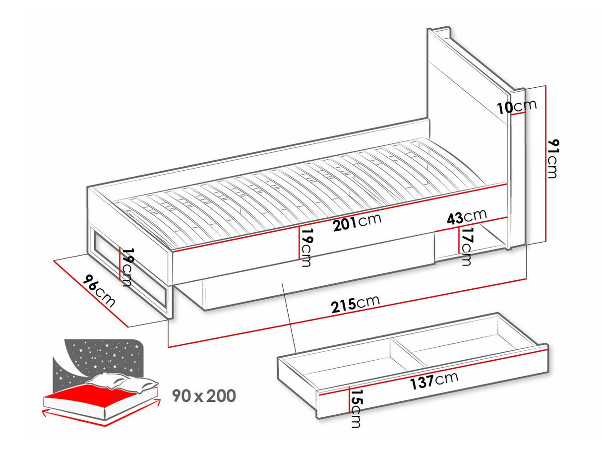 Ágy TEEN FLEX TF-16 TF16SFH - łóżko ze stelażem - hikora naturalna/silk flou/raw acél, Alvó felület mérete: 90 x 200 cm