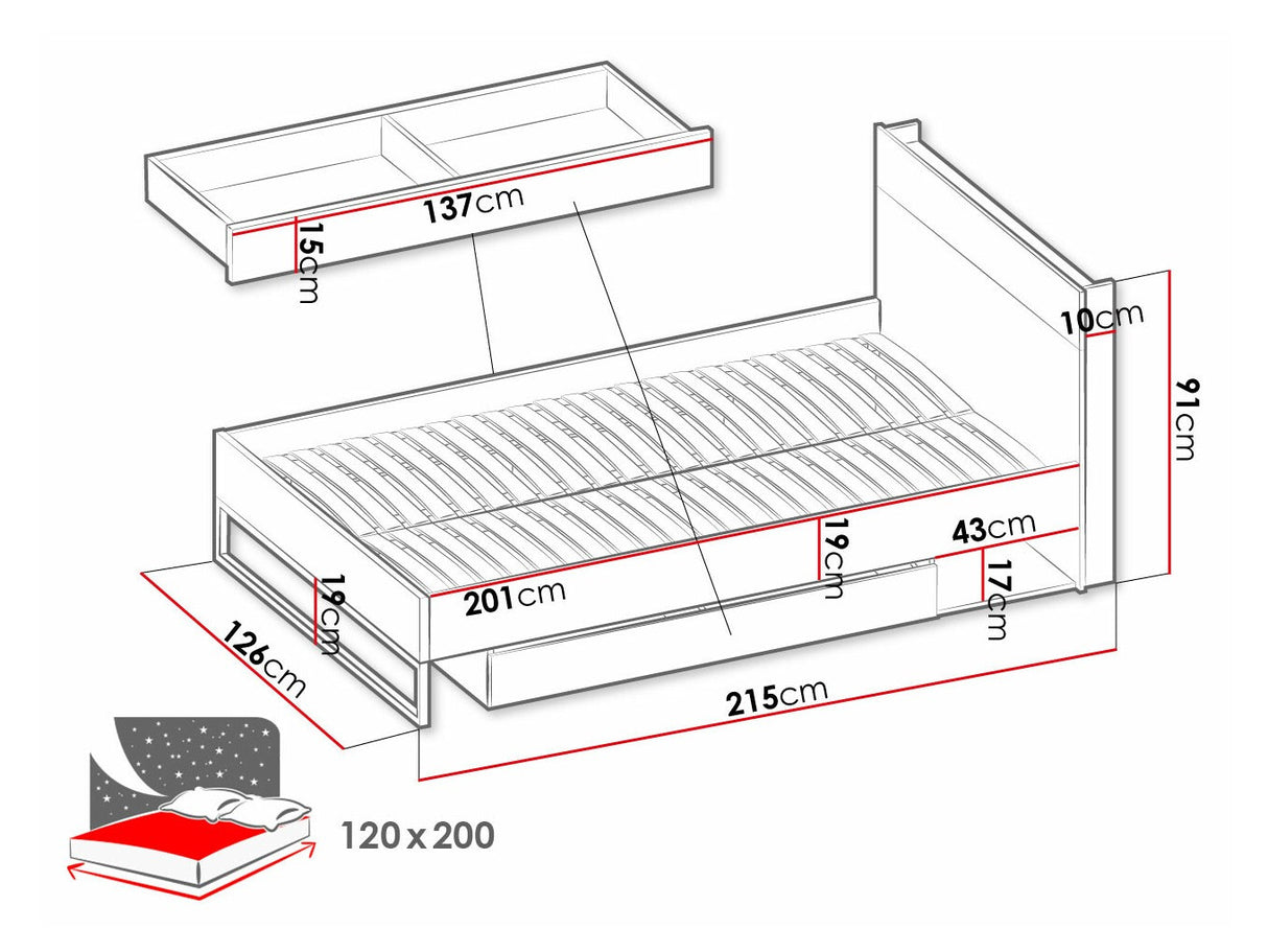 Ágy TEEN FLEX TF-16 TF16SFH - łóżko ze stelażem - hikora naturalna/silk flou/raw acél, Alvó felület mérete: 120 x 200 cm