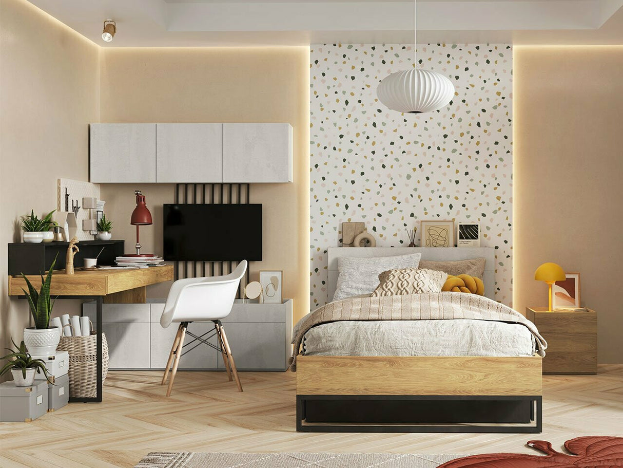 Ágy TEEN FLEX TF-16 TF16SFH - łóżko ze stelażem - hikora naturalna/silk flou/raw acél, Alvó felület mérete: 90 x 200 cm