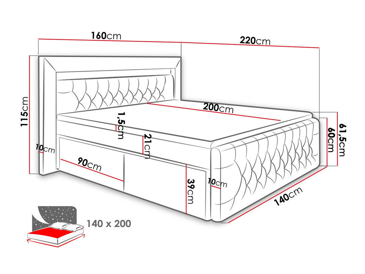 Kontinentális ágy Arona (Burma), Alvó felület mérete: 140 x 200 cm, Fiókok száma: 2 fiókok