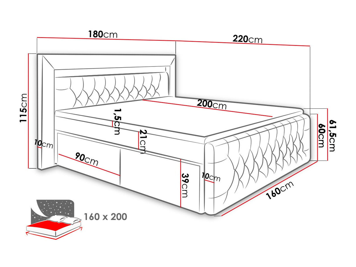 Kontinentális ágy Arona (Burma), Alvó felület mérete: 160 x 200 cm, Fiókok száma: 4 fiókok