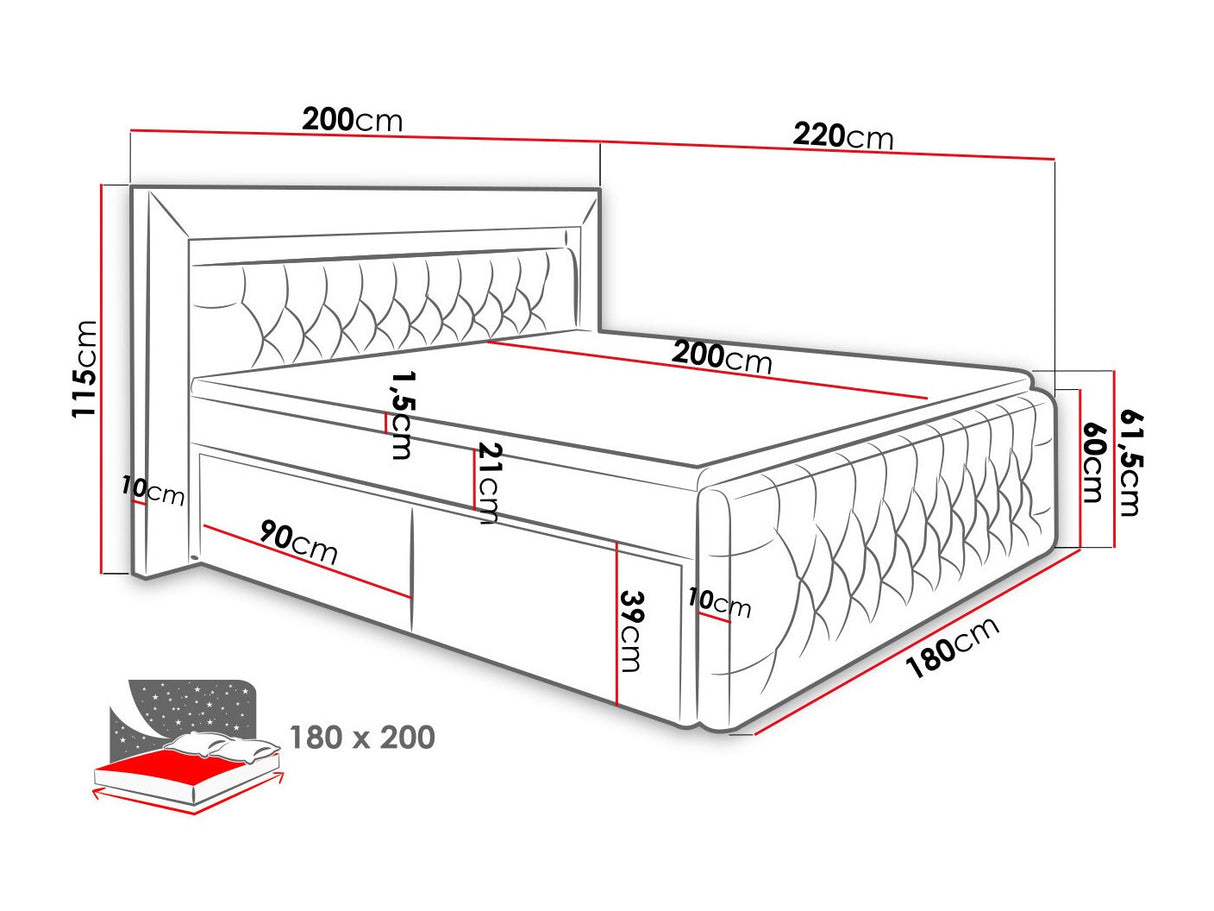 Kontinentális ágy Arona (Burma), Alvó felület mérete: 180 x 200 cm, Fiókok száma: 4 fiókok