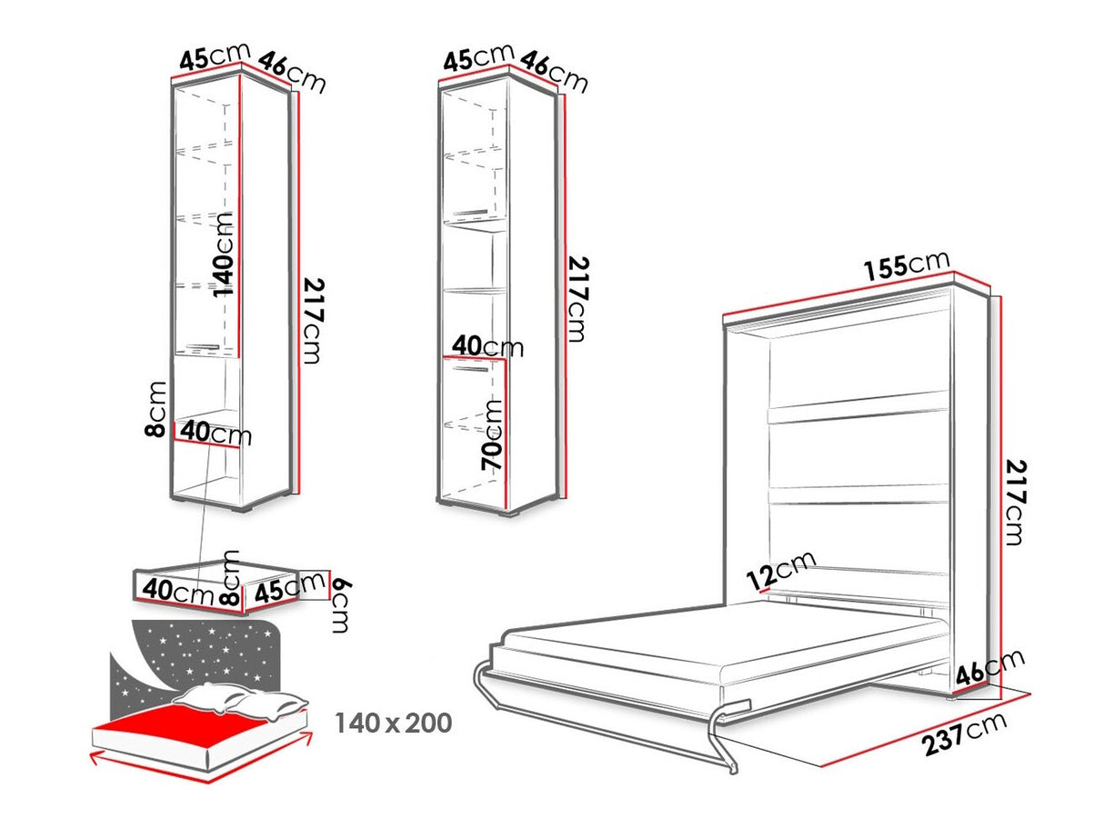 Bútorkészlet Concept Pro I, Szín: Fényes fehér + Fehér, Alvó felület mérete: 140 x 200 cm
