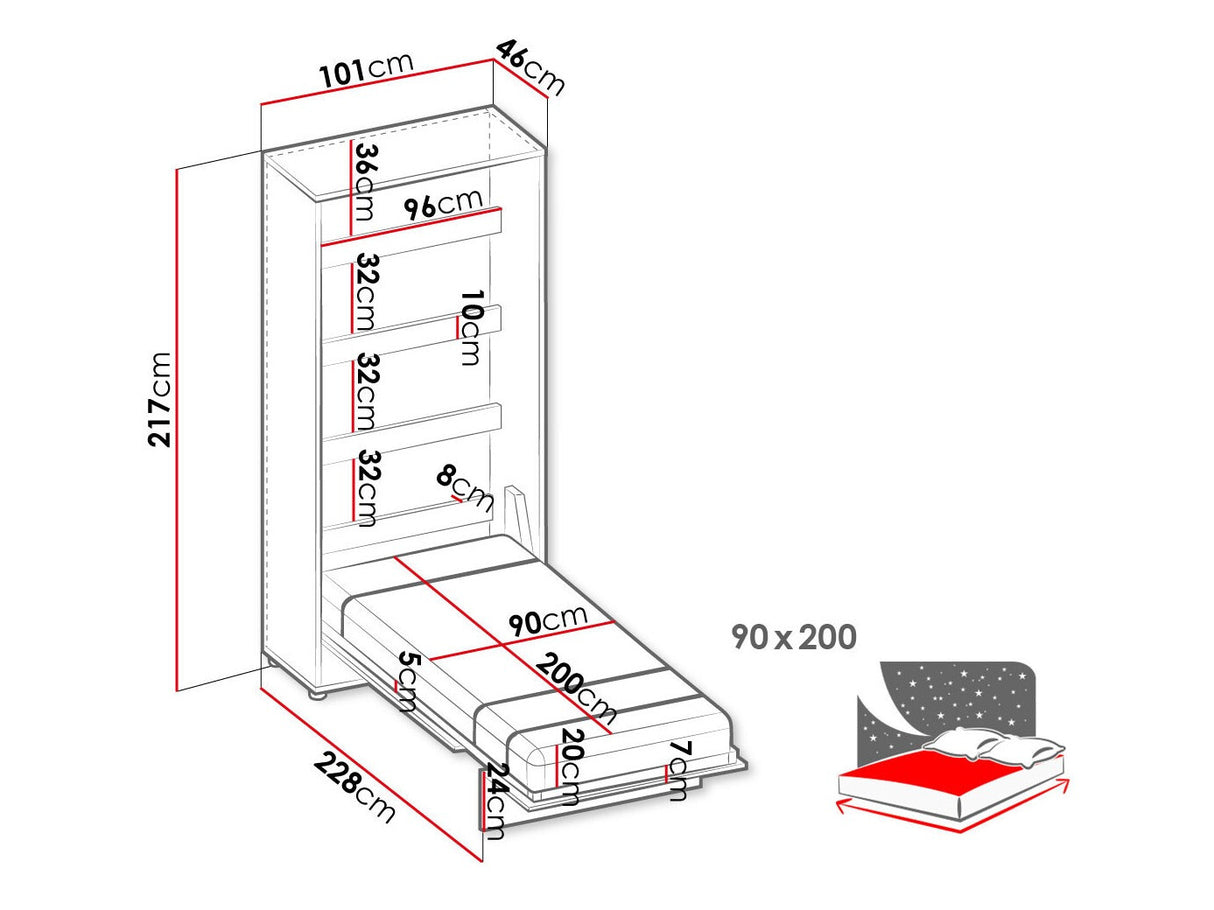 Szekrényágy Półkotapczan pionemwy CONCEPT JUNIOR CJ-02, Alvó felület mérete: 90 x 200 cm, Led világítás: Nem
