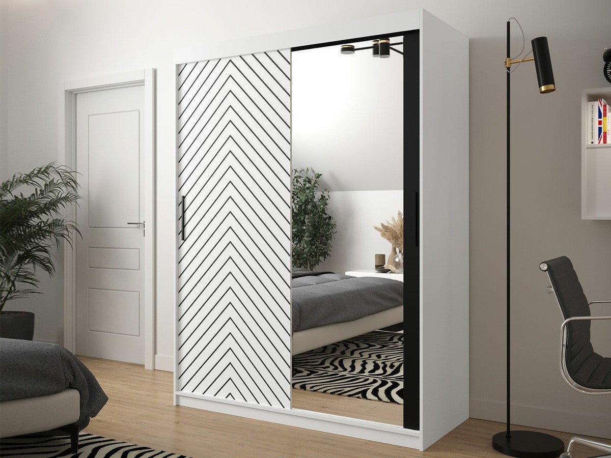 Gardróbszekrény 150 Jodełka 2 (Ratintu), Szín: Fehér + Fekete, Fiókok: Nem