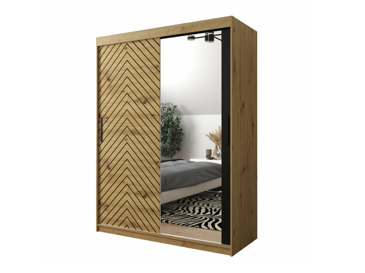 Gardróbszekrény 150 Jodełka 2 (Ratintu), Szín: Artisan tölgy + Fekete, Fiókok: Igen