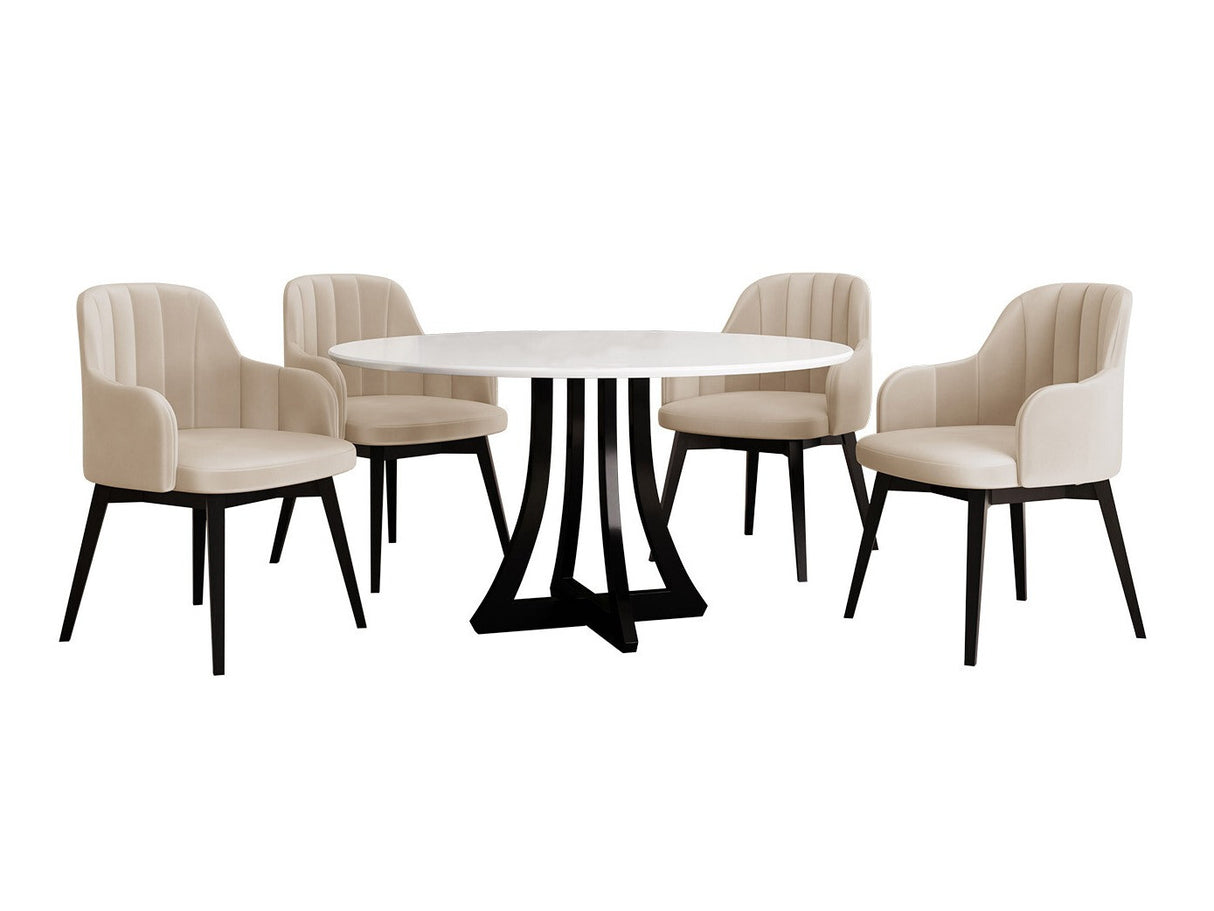 Étkezőgarnitúra Zestaw 05 4xS105 ORION FI, Asztal színe: Fényes fehér + Fényes fekete, Szék színe: Fekete + Magic Velvet 2250