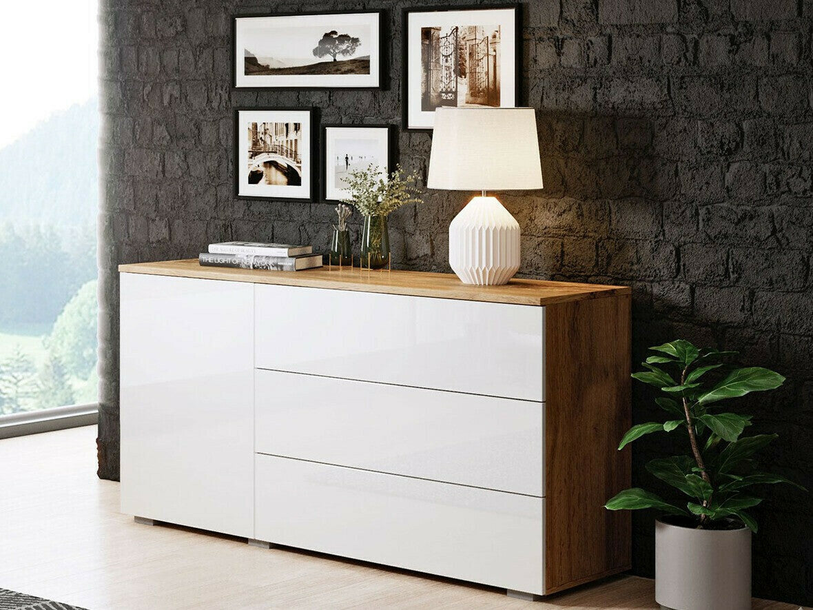 Komód PARIS 110 (Bamisio), Szín: Wotan tölgy + Fényes fehér