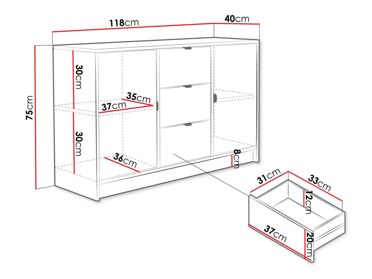 Komód 2D3SZ TIRENO Bársony/Ryfle, Szín: Fehér
