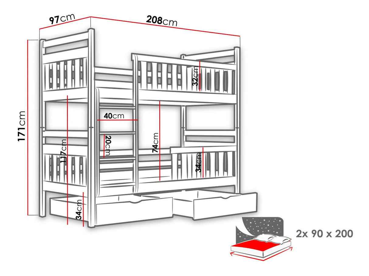 Emeletes ágy MONIKA (William), Szín: Szürke, Alvó felület mérete: 90 x 200 cm