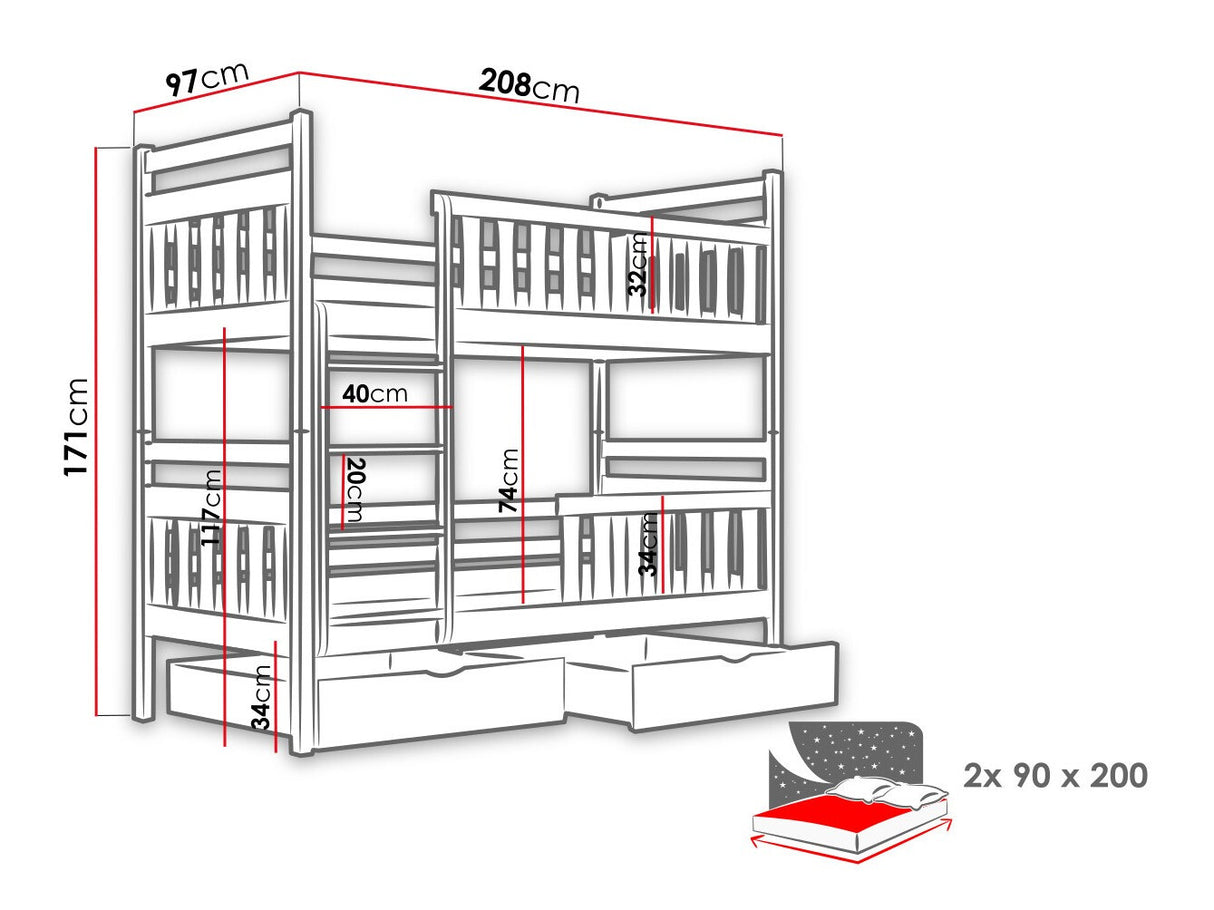 Emeletes ágy MONIKA (William), Szín: Fehér, Alvó felület mérete: 90 x 200 cm