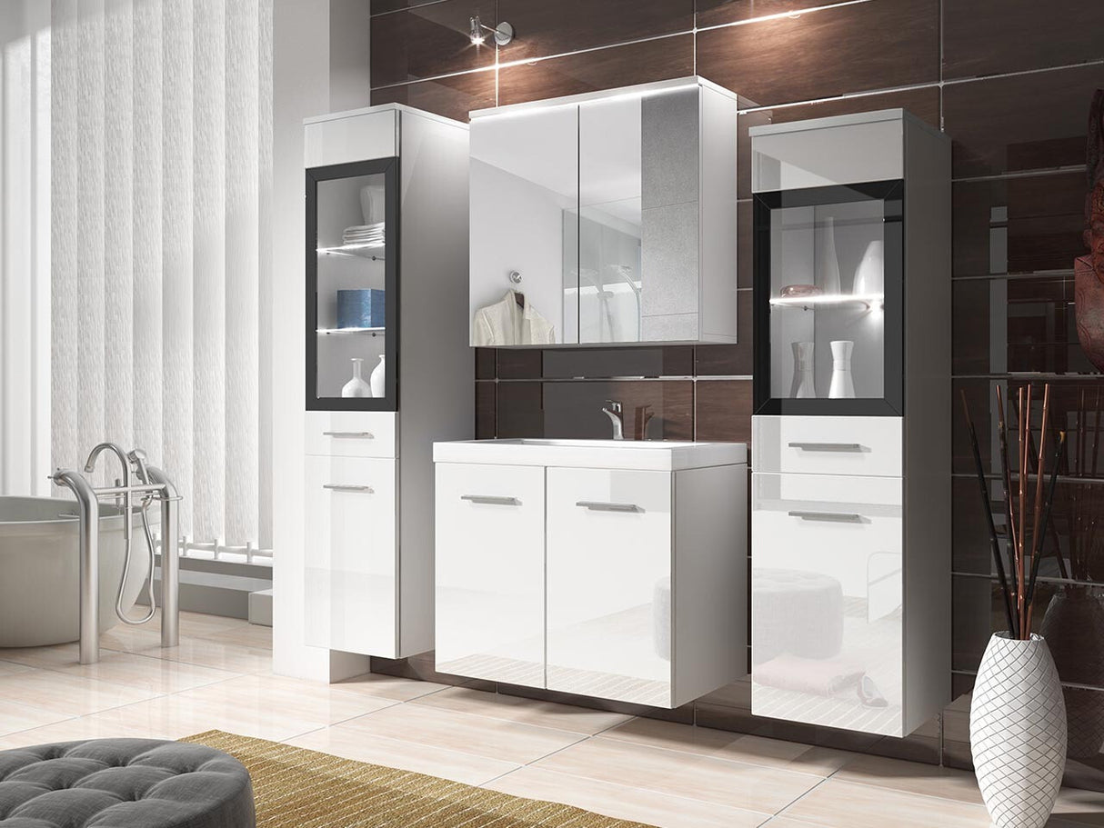 Fürdőszoba garnitúra Madrit II, Szín: Fényes fehér + Fehér, Led világítás: Igen fehér