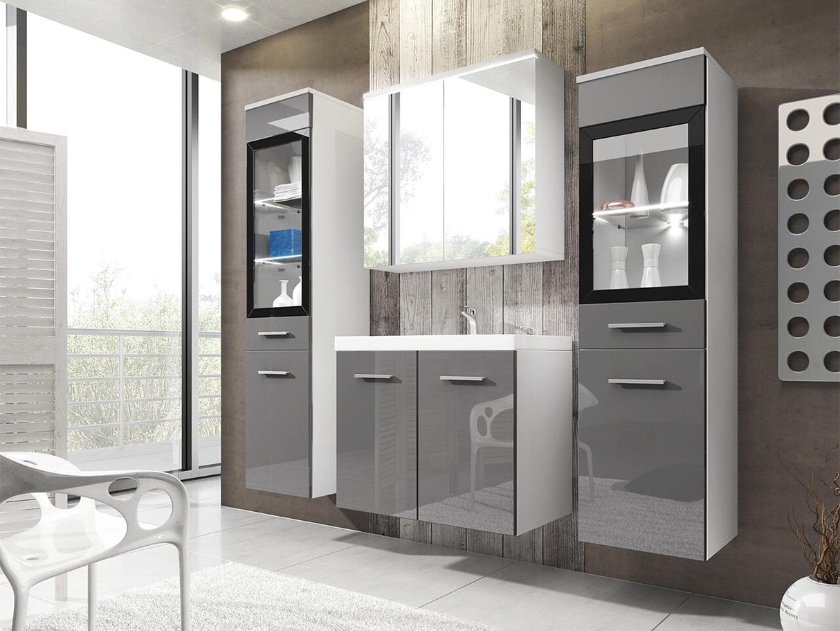 Fürdőszoba garnitúra Madrit II, Szín: Fényes szürke + Fehér, Led világítás: Igen fehér