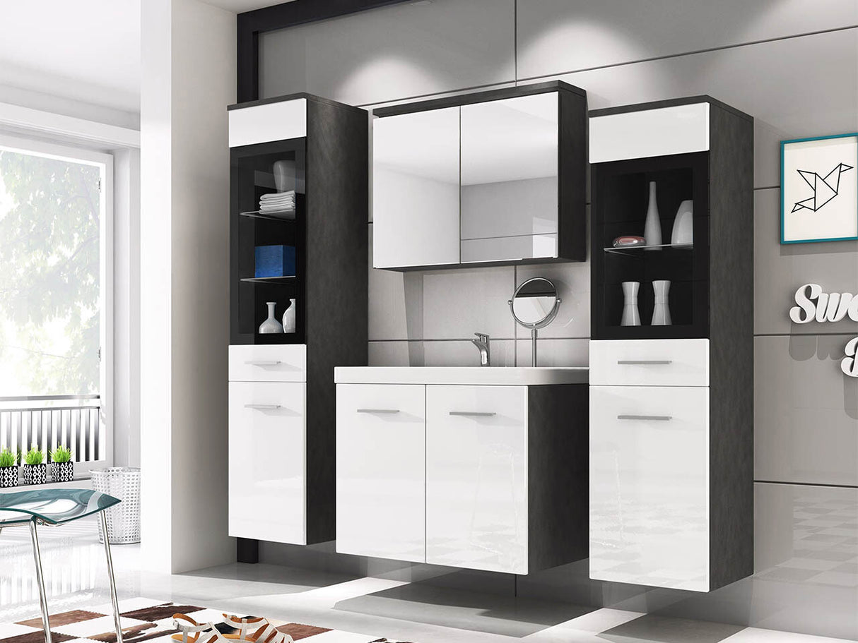 Fürdőszoba garnitúra Madrit II, Szín: Fényes fehér + Matera szürke, Led világítás: Nem