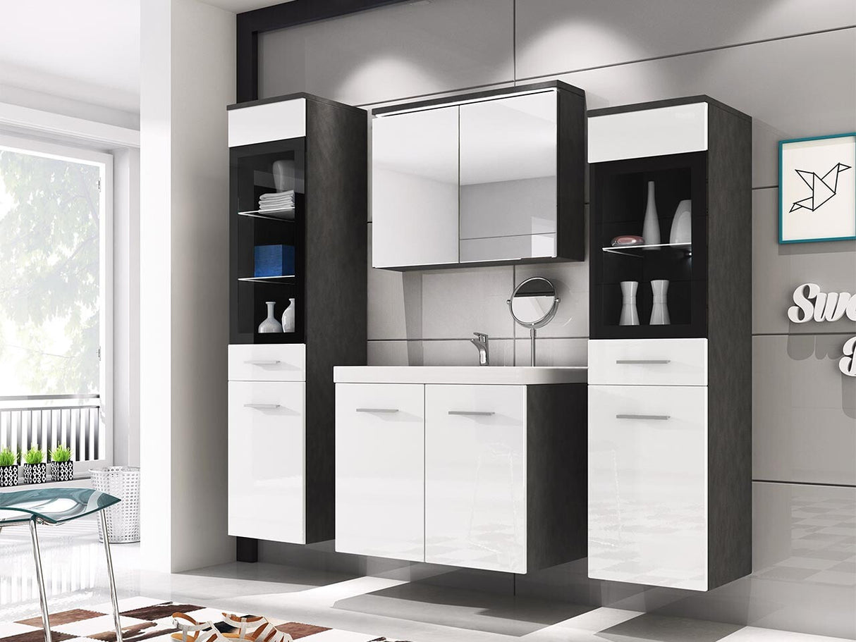 Fürdőszoba garnitúra Madrit II, Szín: Fényes fehér + Matera szürke, Led világítás: Igen fehér