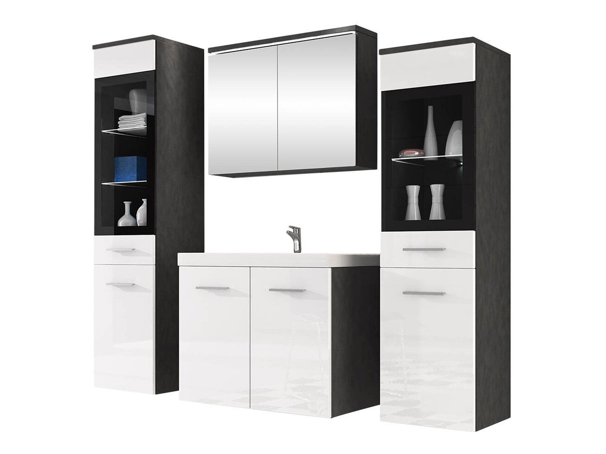 Fürdőszoba garnitúra Madrit II, Szín: Fényes fehér + Matera szürke, Led világítás: Igen fehér