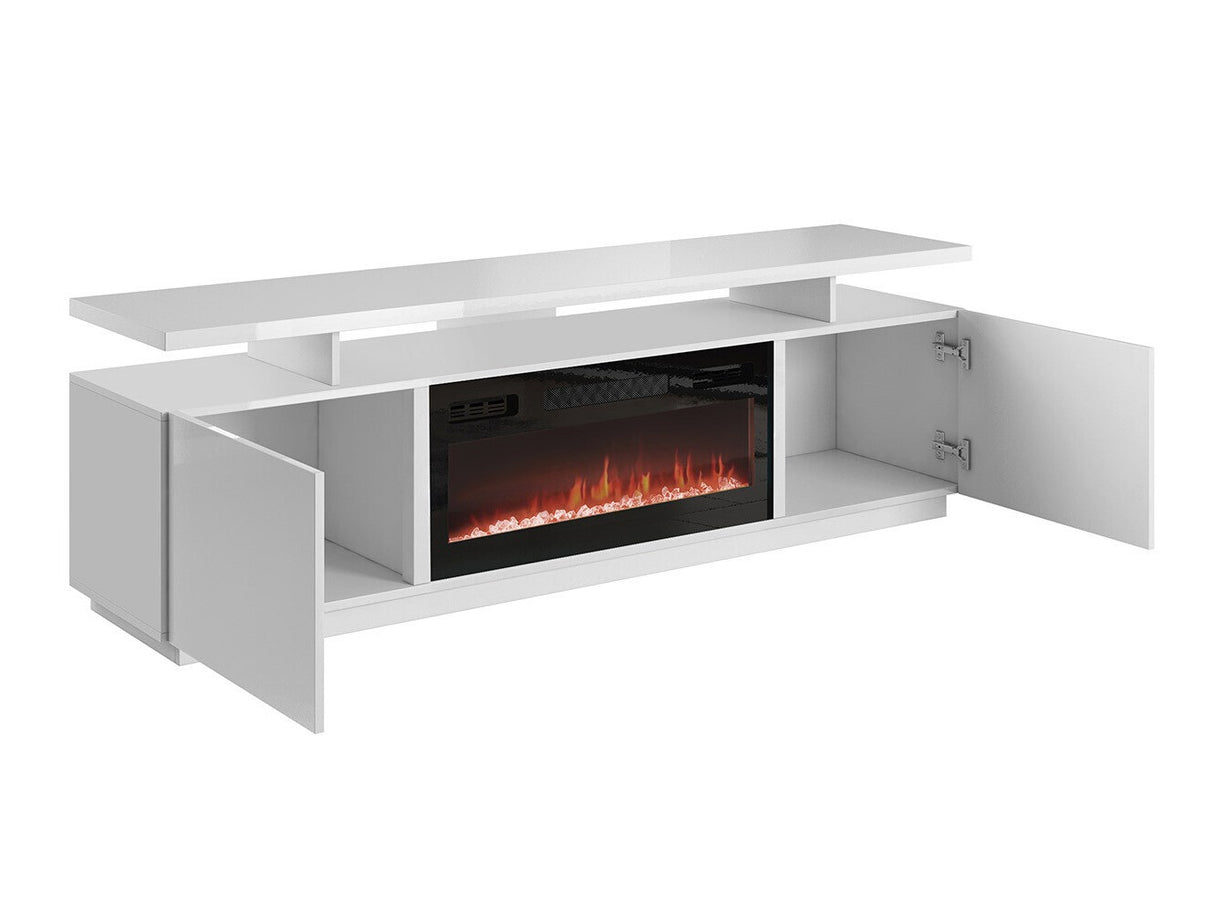 TV-állvány EVA II (Aniceto), Szín: Fehér + Fényes fehér, Led világítás: Igen fehér, A kandalló színe: Fehér
