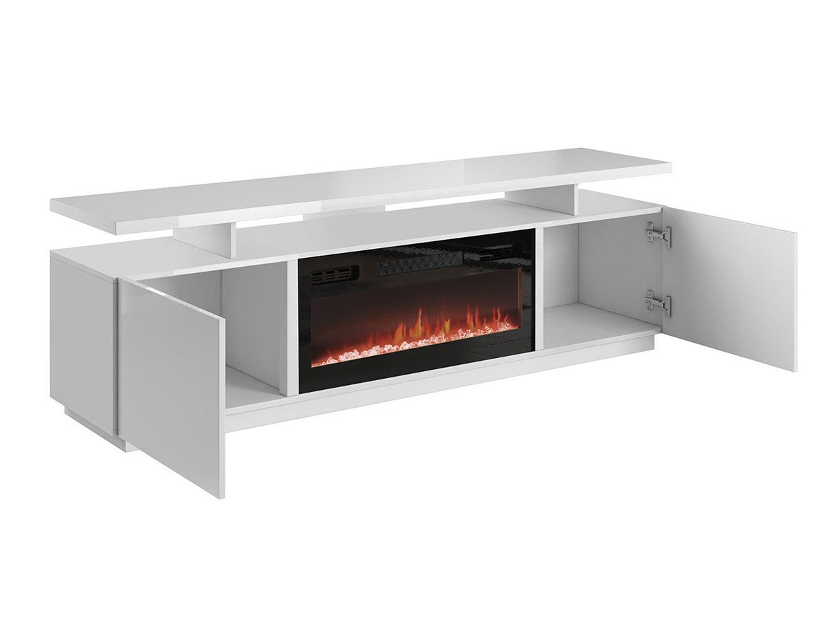 TV-állvány EVA II (Aniceto), Szín: Fekete + Fényes fekete, Led világítás: Nem, A kandalló színe: Fehér