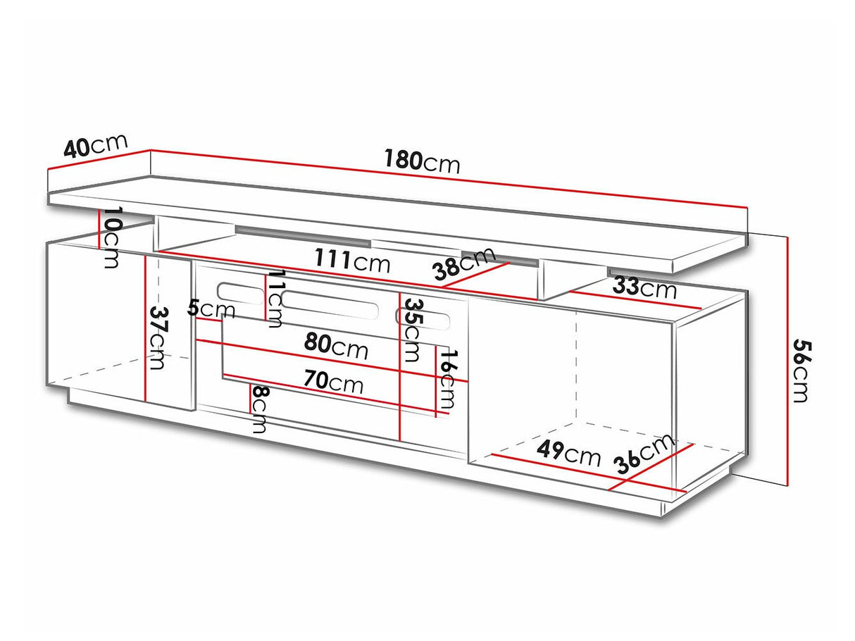 TV-állvány EVA II (Aniceto), Szín: Fekete + Fényes fekete, Led világítás: Igen fehér, A kandalló színe: Fehér