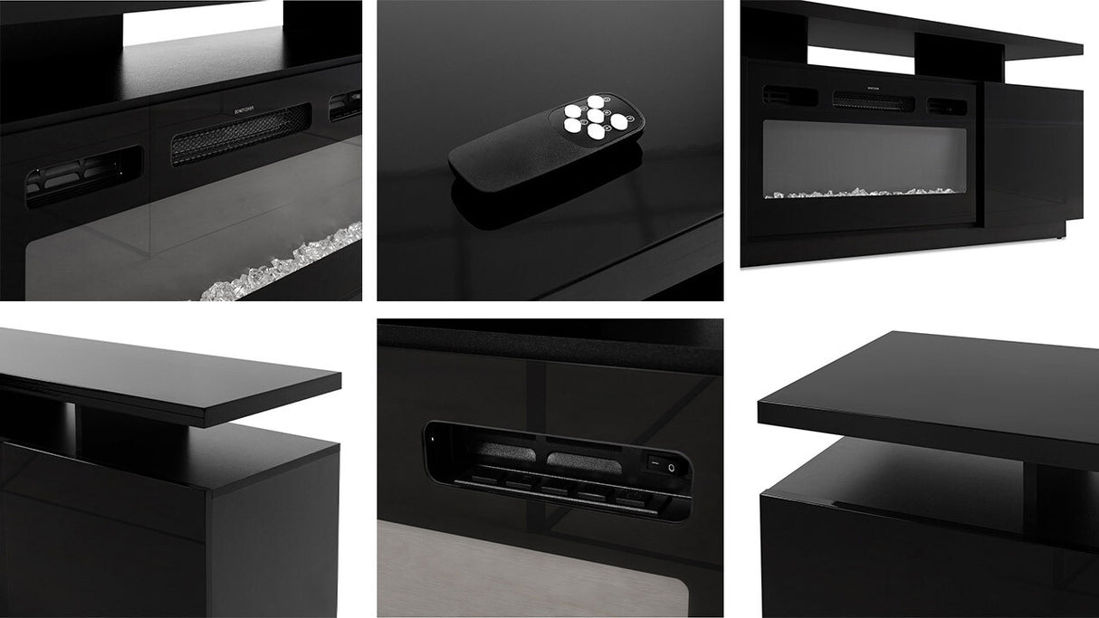 TV-állvány EVA II (Aniceto), Szín: Fekete + Fényes fekete, Led világítás: Igen fehér, A kandalló színe: Fekete