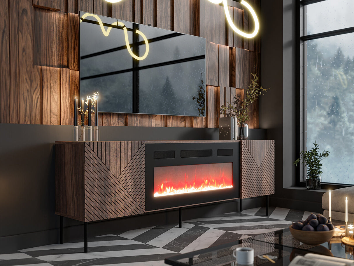 TV-állvány Szafka RTV ART DECO 190 EF + kominek Orzech Warmia/Orzech Warmia Lakierowany Kominek: Czarny