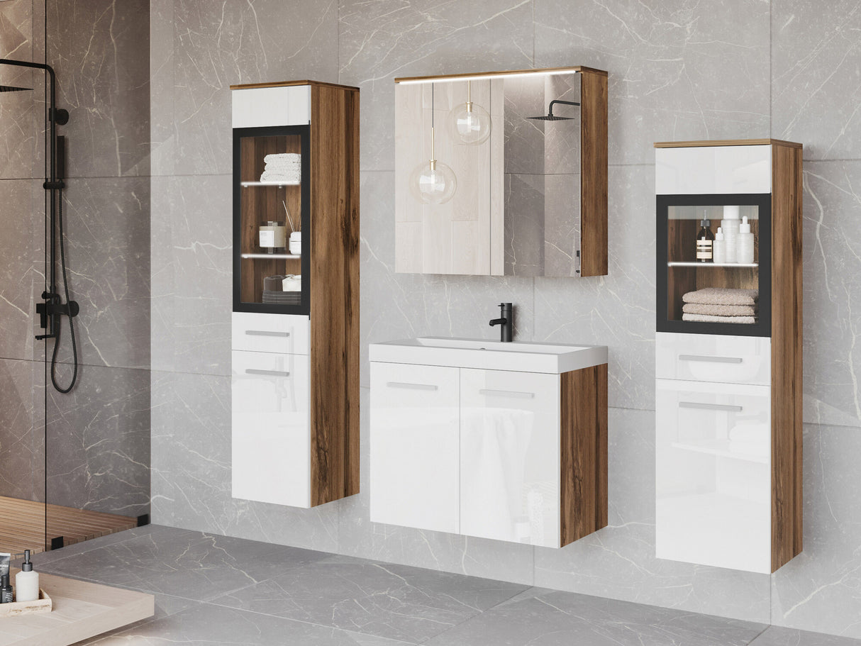 Fürdőszoba garnitúra Madrit II, Szín: Fényes fehér + Wotan tölgy, Led világítás: Igen fehér