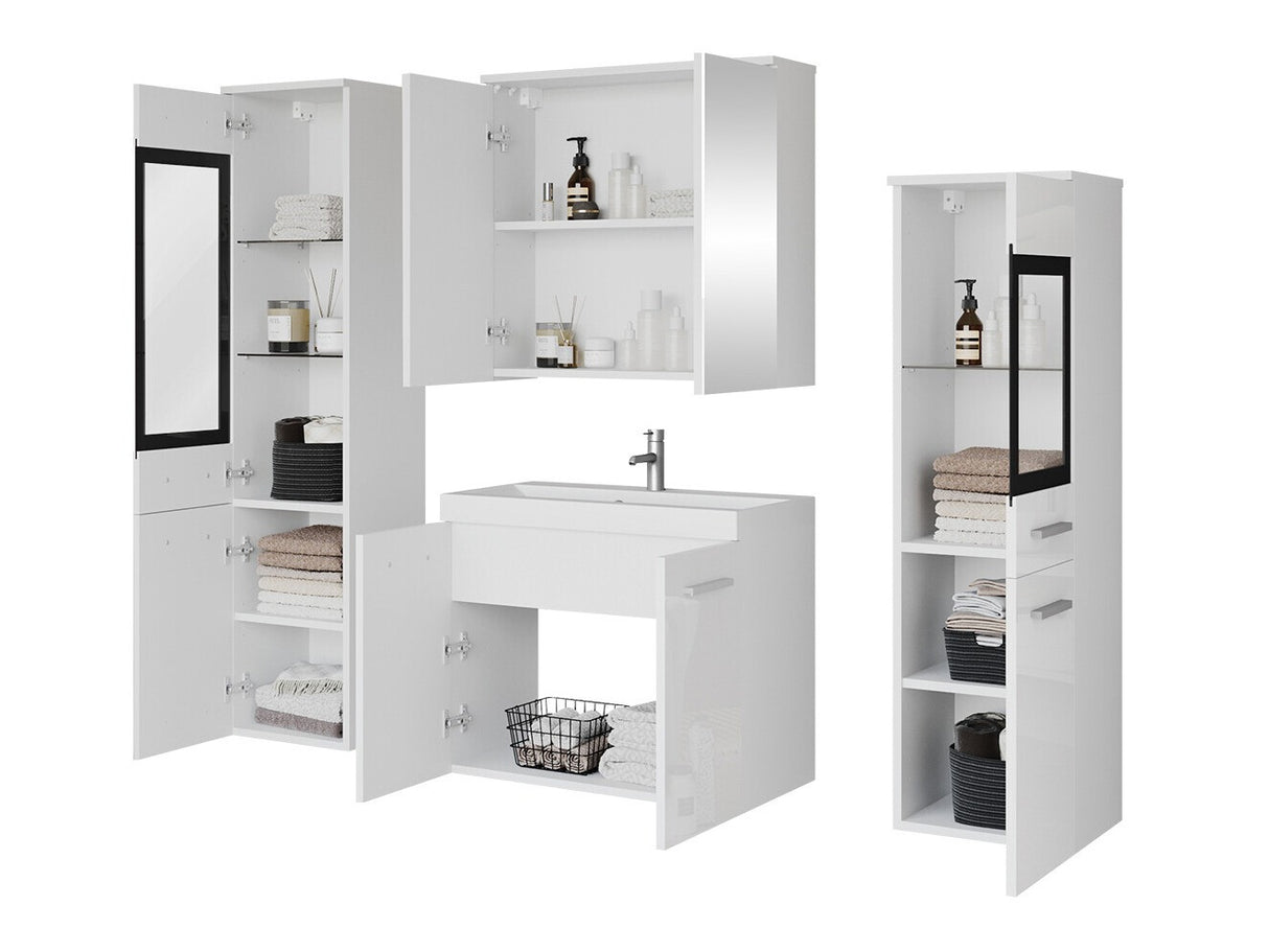 Fürdőszoba garnitúra Madrit II, Szín: Fényes fehér + Wotan tölgy, Led világítás: Nem