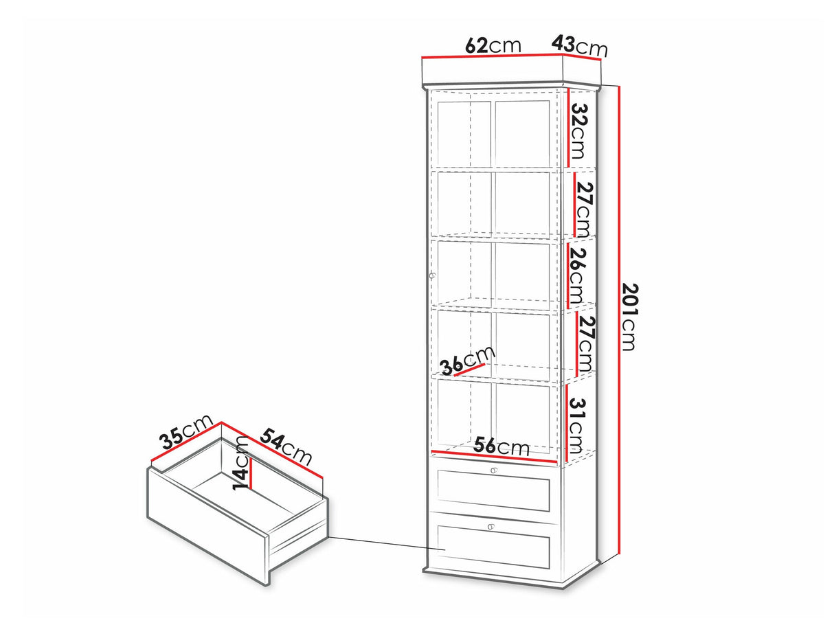 Könyvespolc Witryna 2SZ1D GACORIS Biały/Dąb lefkas/Biały