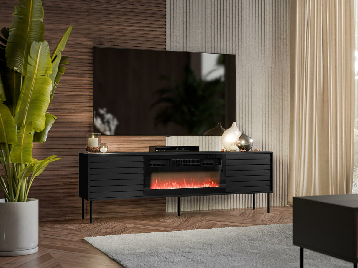 TV-állvány Szafka CORTINA RTV 180 EF + kominek Czarny Kominek, Szín: Fekete