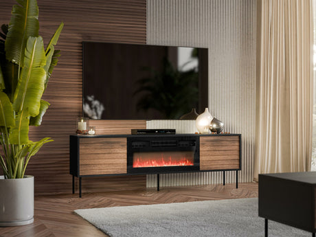 TV-állvány Szafka CORTINA RTV 180 EF + kominek Czarny Kominek, Szín: Dió + Fekete