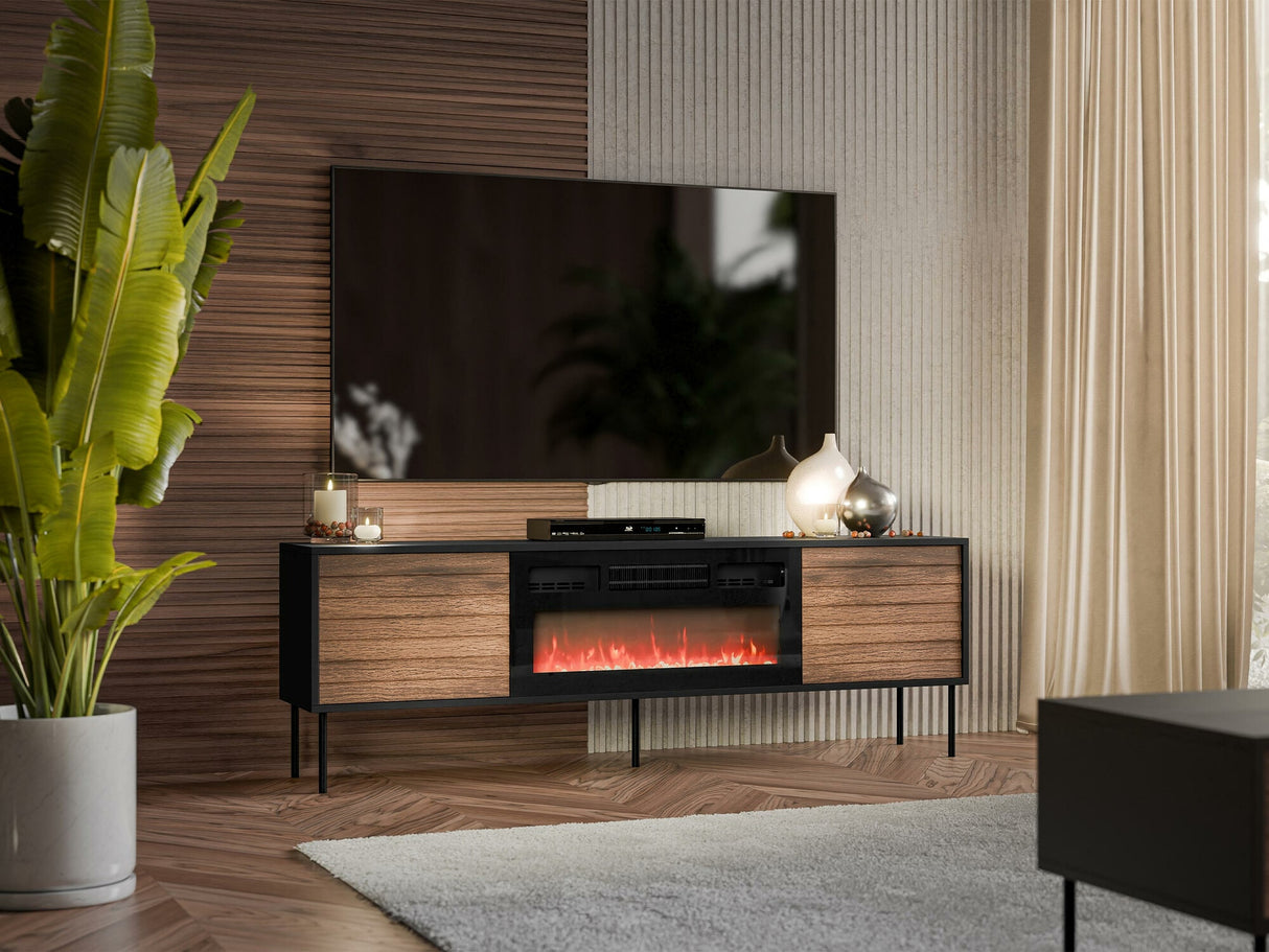 TV-állvány Szafka CORTINA RTV 180 EF + kominek Czarny Kominek, Szín: Dió + Fekete