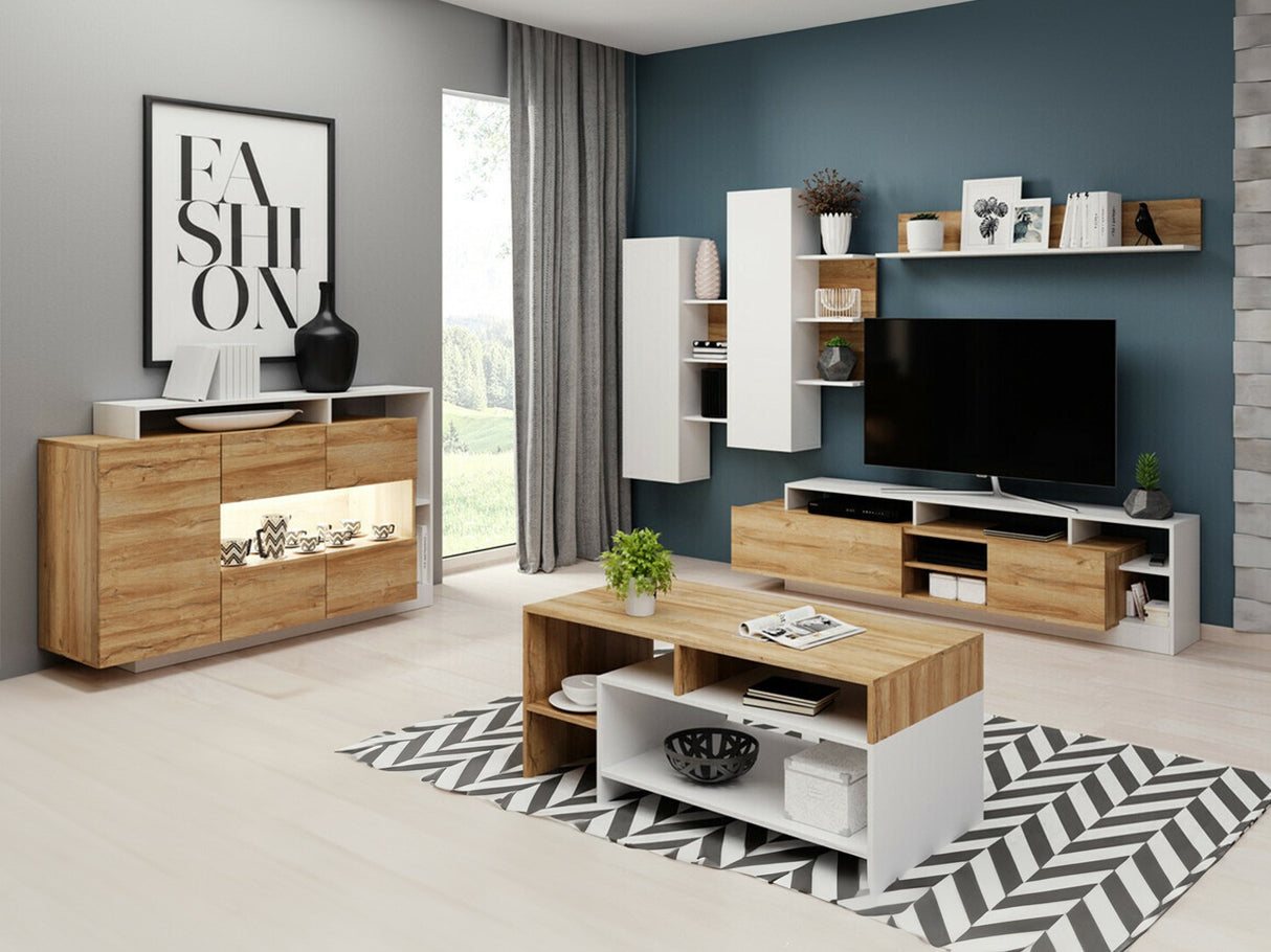 Nappali szett Meble ALVA Biały / Grande tölgy, Led világítás: Igen fehér