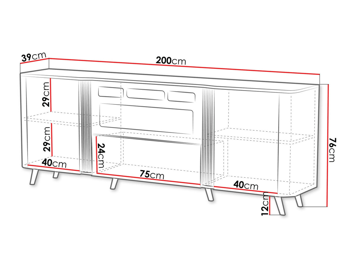 Szekrény Komoda VOLARE 200 EF + kominek Czarny mat/Czarmny San Sebastian Kominek: Czarny (Fekete + Fekete márvány)