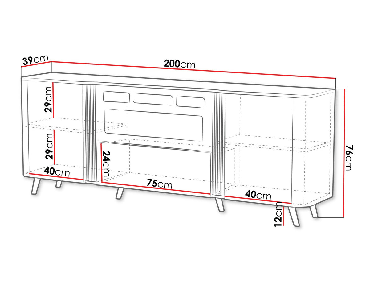 Szekrény Komoda VOLARE 200 EF + kominek Czarny mat Kominek: Czarny (Fekete)