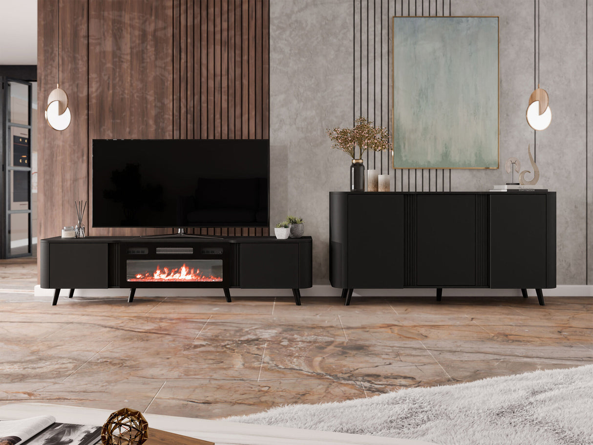 TV-állvány Szafka RTV VOLARE 200 EF + kominek Czarny mat Kominek: Czarny (Fekete)