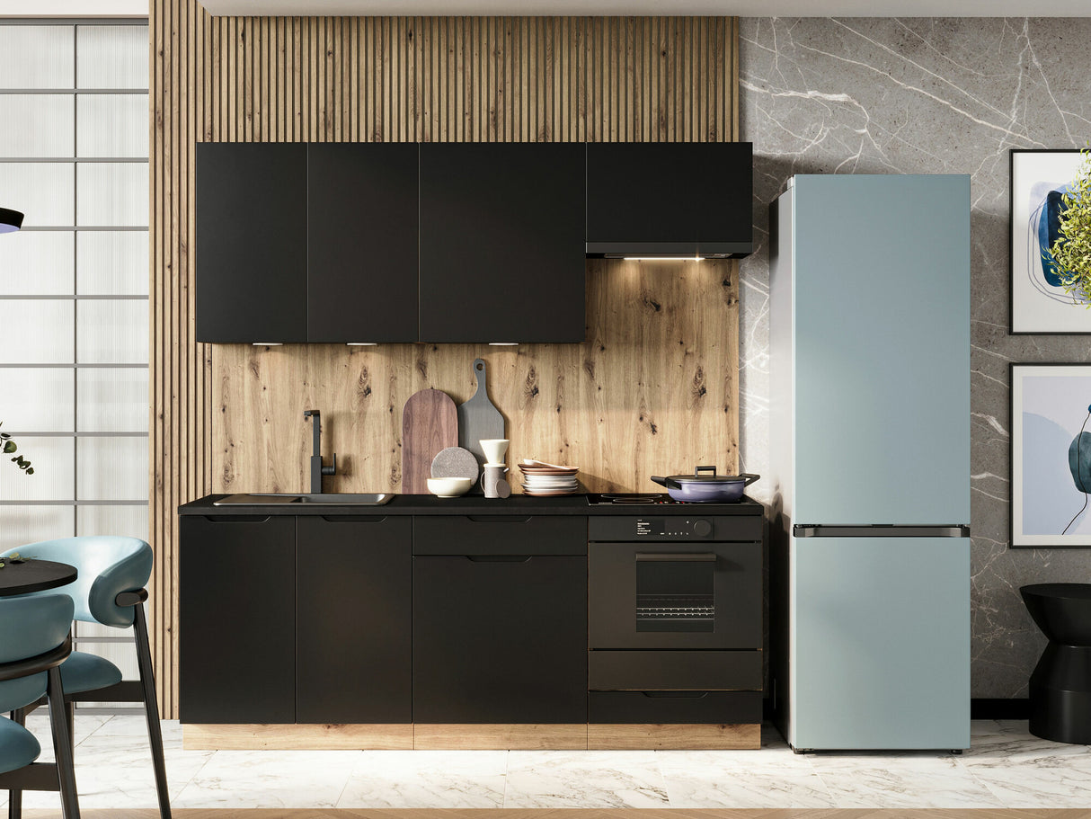 Konyhabútor Kuchnia ISABEL 2,0 z blatem, Szín: Fekete + Artisan tölgy, Led világítás: Igen