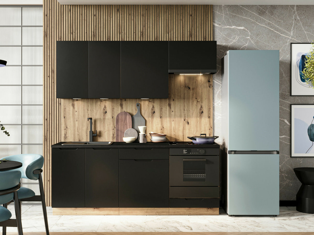 Konyhabútor Kuchnia ISABEL 2,0 z blatem, Szín: Fekete + Artisan tölgy, Led világítás: Nem