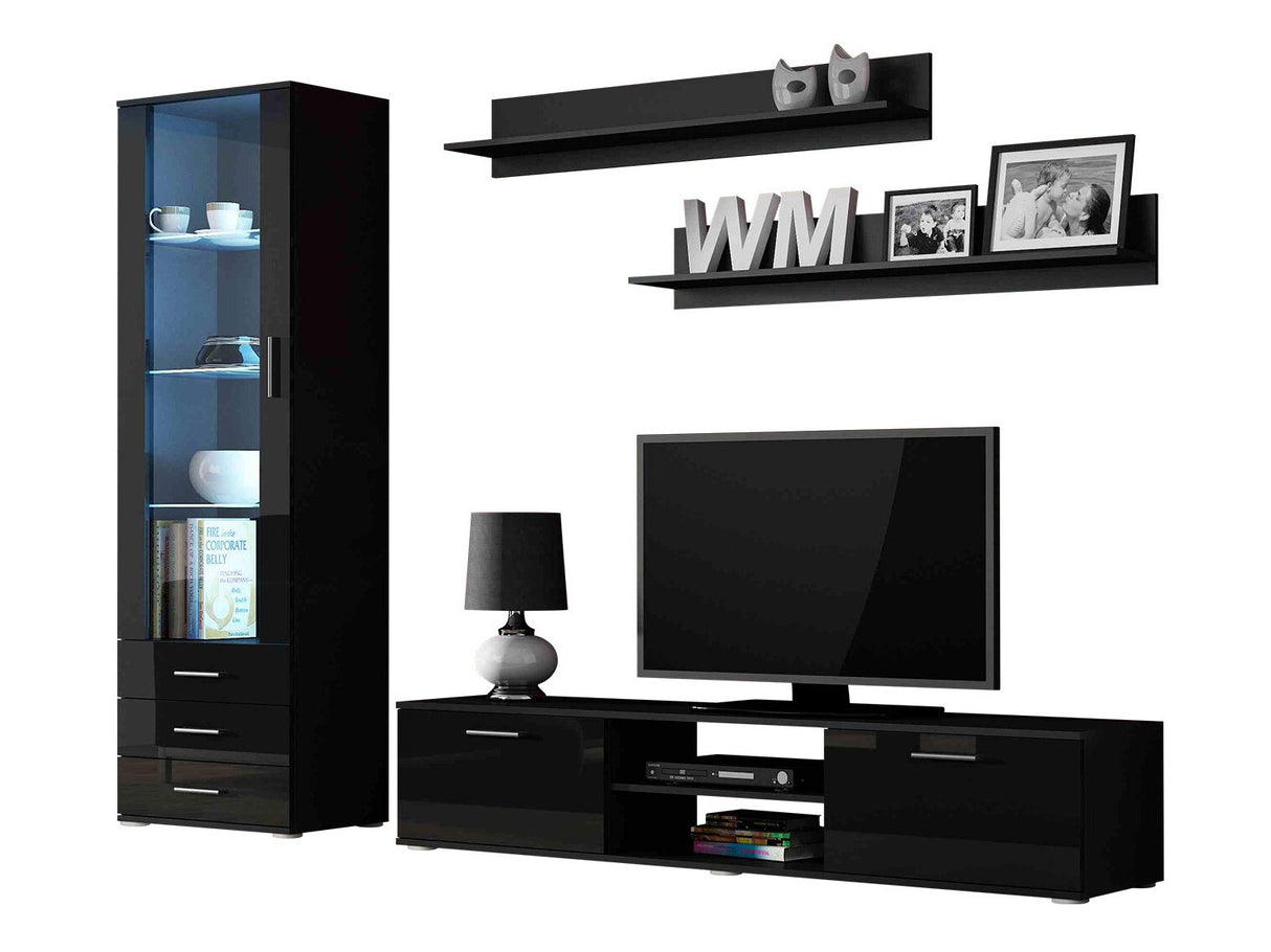 Nappali szett Soho I (Boho I), Szín: Fekete + Fényes fekete, Led világítás: Kék