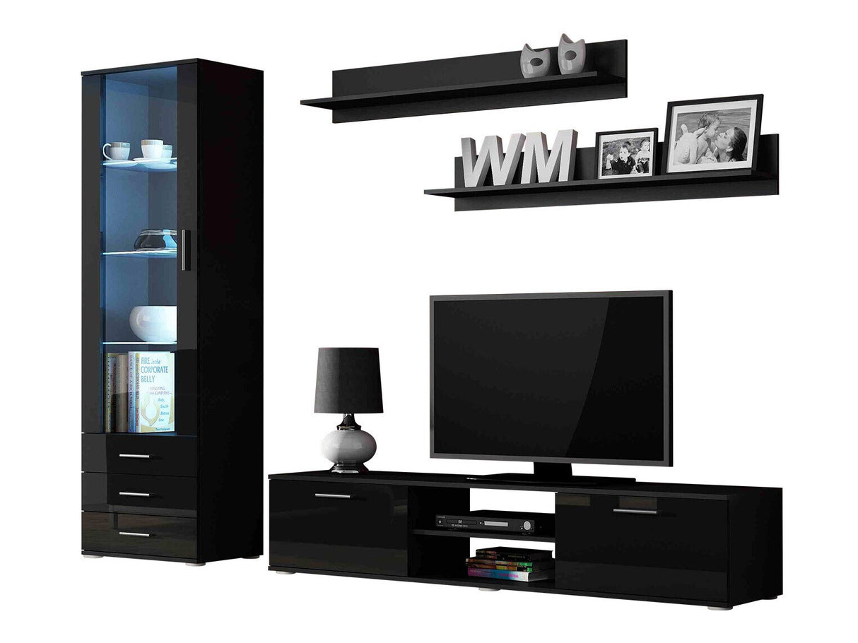 Nappali szett Soho I (Boho I), Szín: Fekete + Fényes fekete, Led világítás: RGB