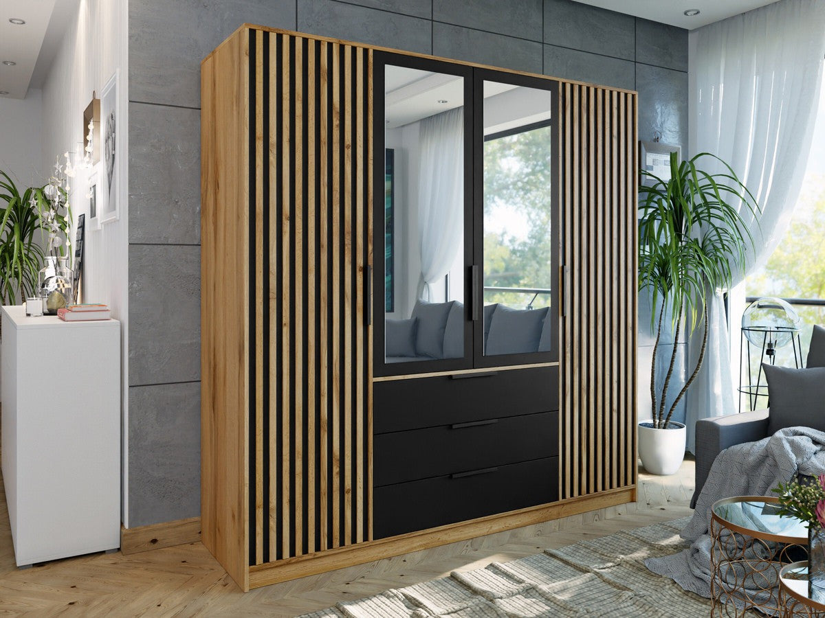 Gardróbszekrény BALI LUX D4, Wotan tölgy + Fekete