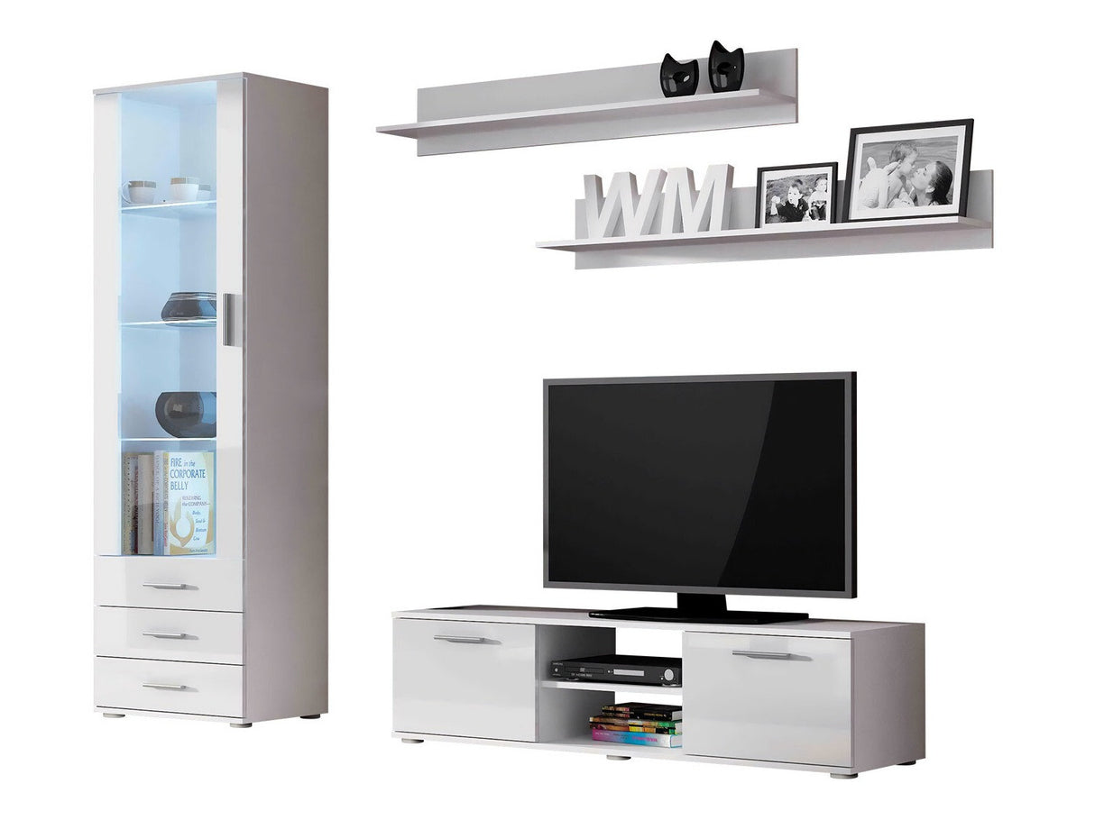 Nappali szett Soho VII (Boho VII), Szín: Fehér + Fényes fehér, Led világítás: Kék