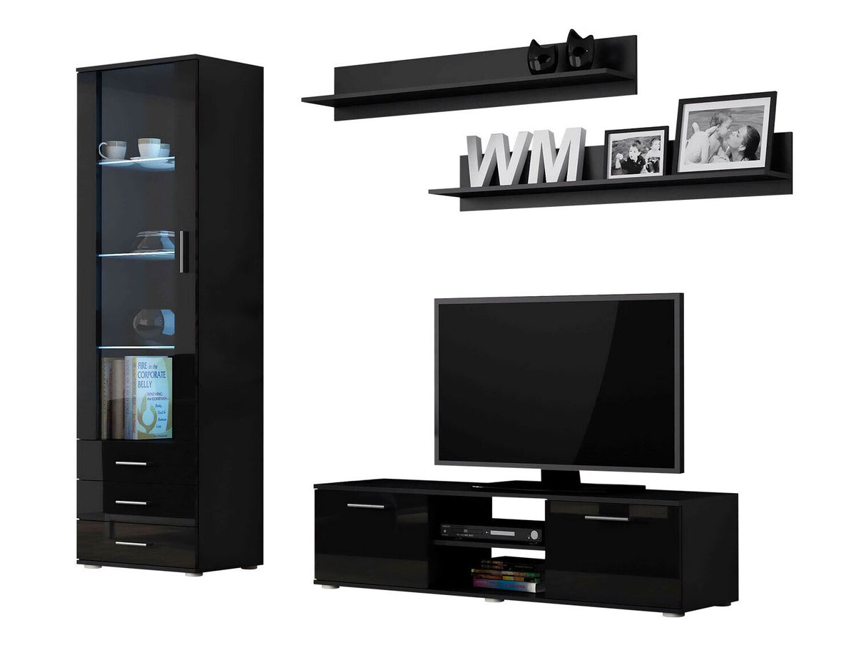 Nappali szett Soho VII (Boho VII), Szín: Fekete + Fényes fekete, Led világítás: Fehér