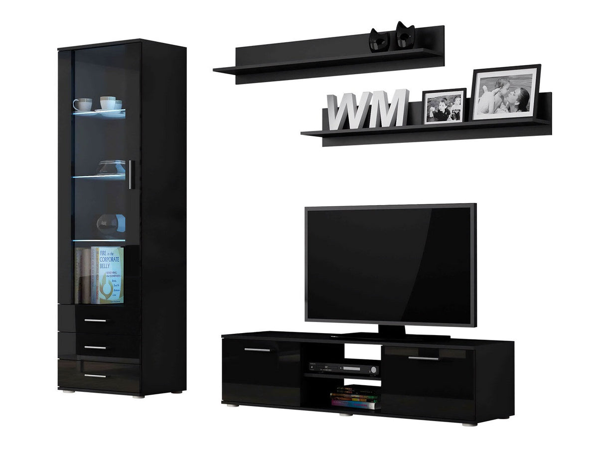 Nappali szett Soho VII (Boho VII), Szín: Fekete + Fényes fekete, Led világítás: Kék