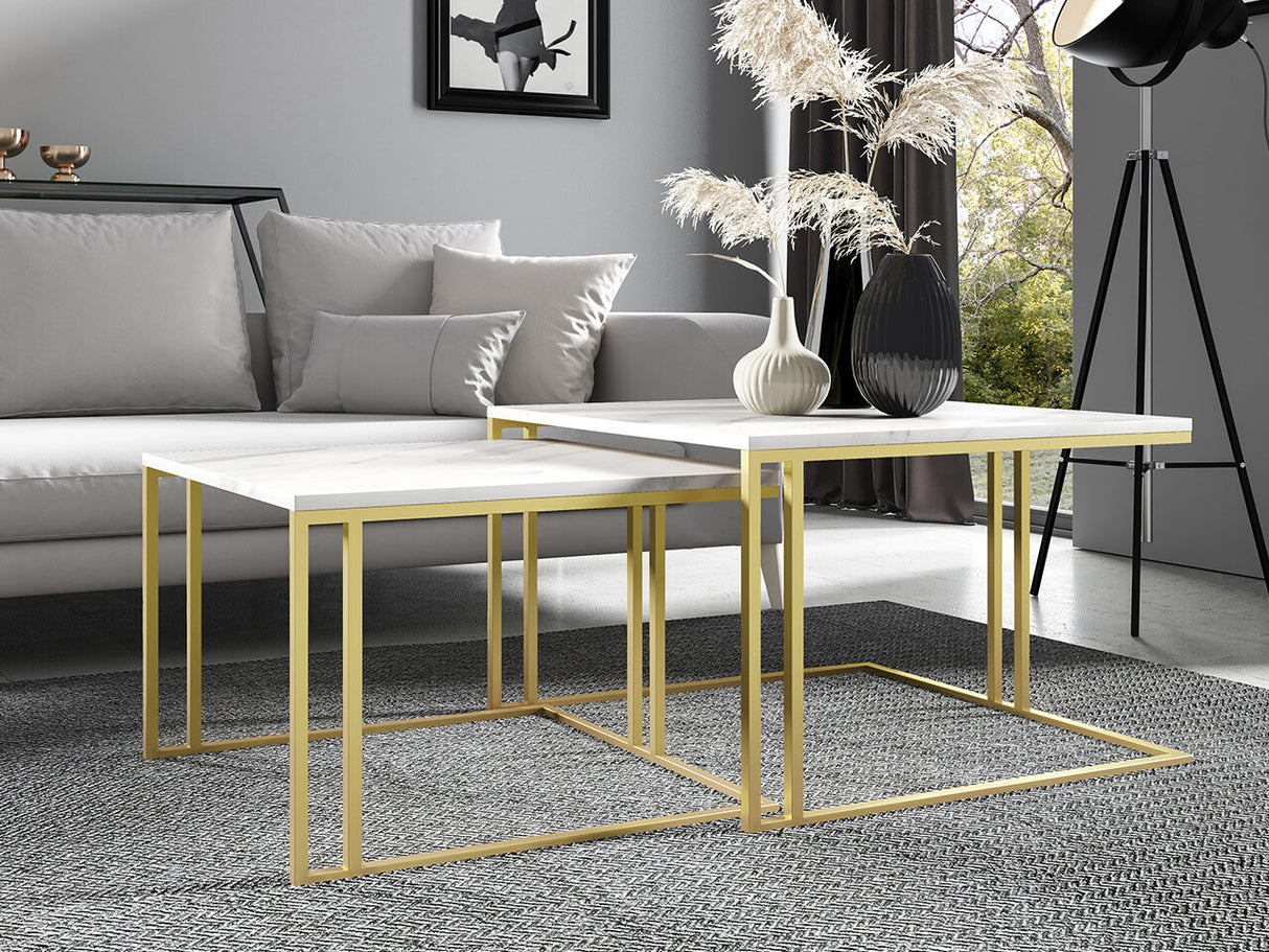 Dohányzóasztal szett Stolik ASTRO NEW, Szín: Fehér márvány + Aranysárga