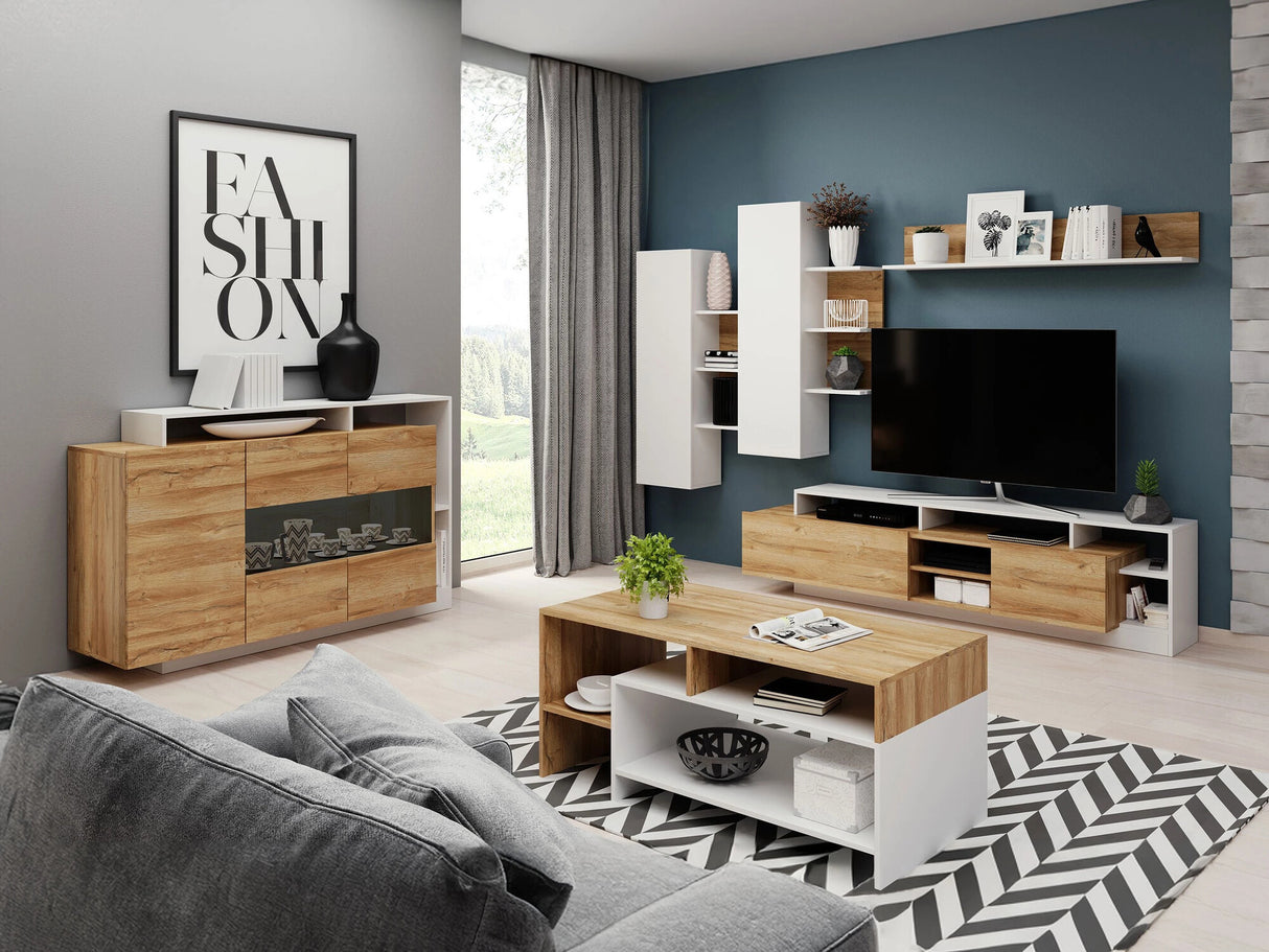 Nappali szett Meble ALVA Biały / Grande tölgy, Led világítás: Nem