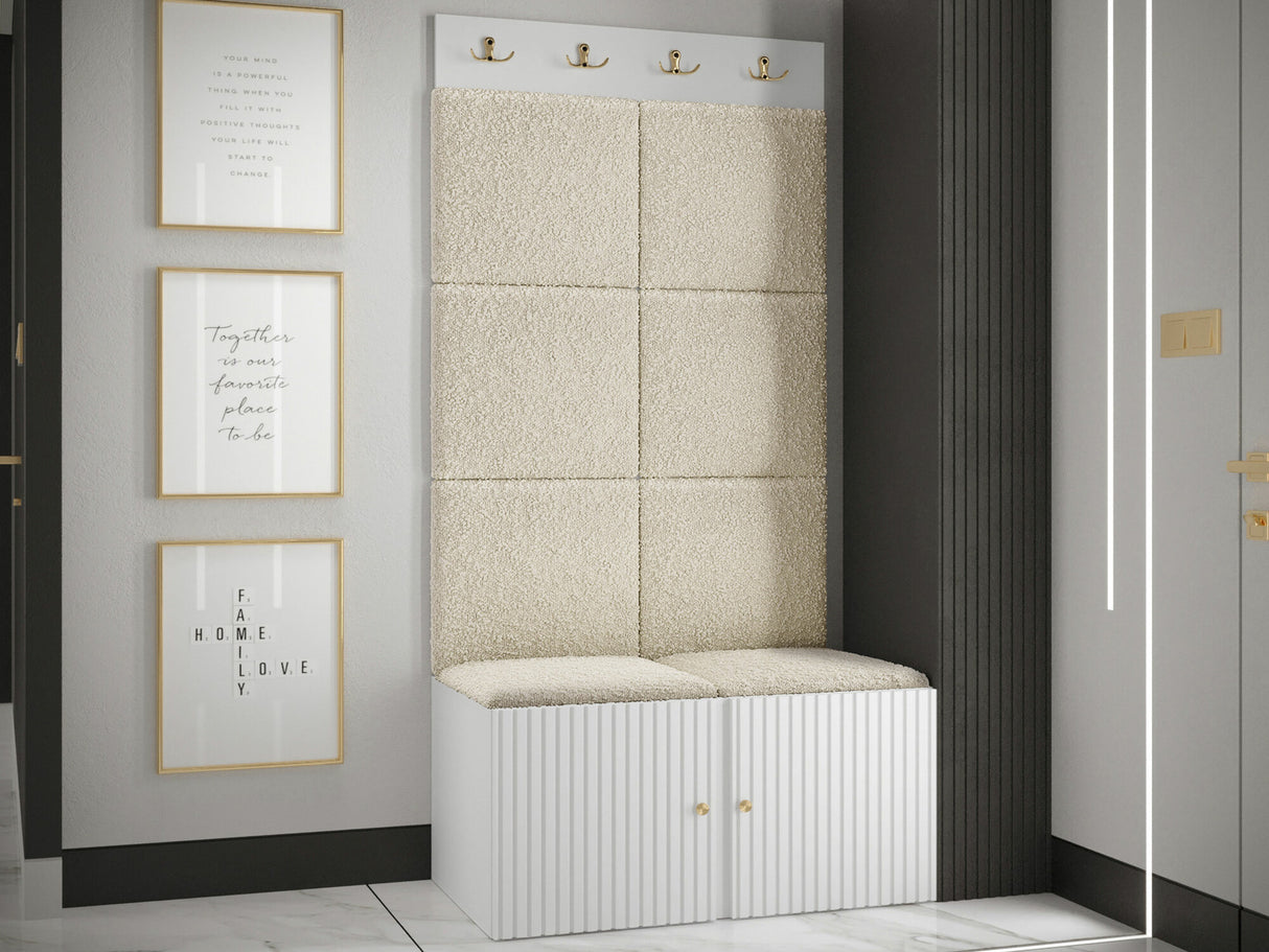 Előszoba garnitúra ORION RYFEL SLIM IV (Towiro), Keret színe: Fehér, Puha falpanel színe: Abriamo 3